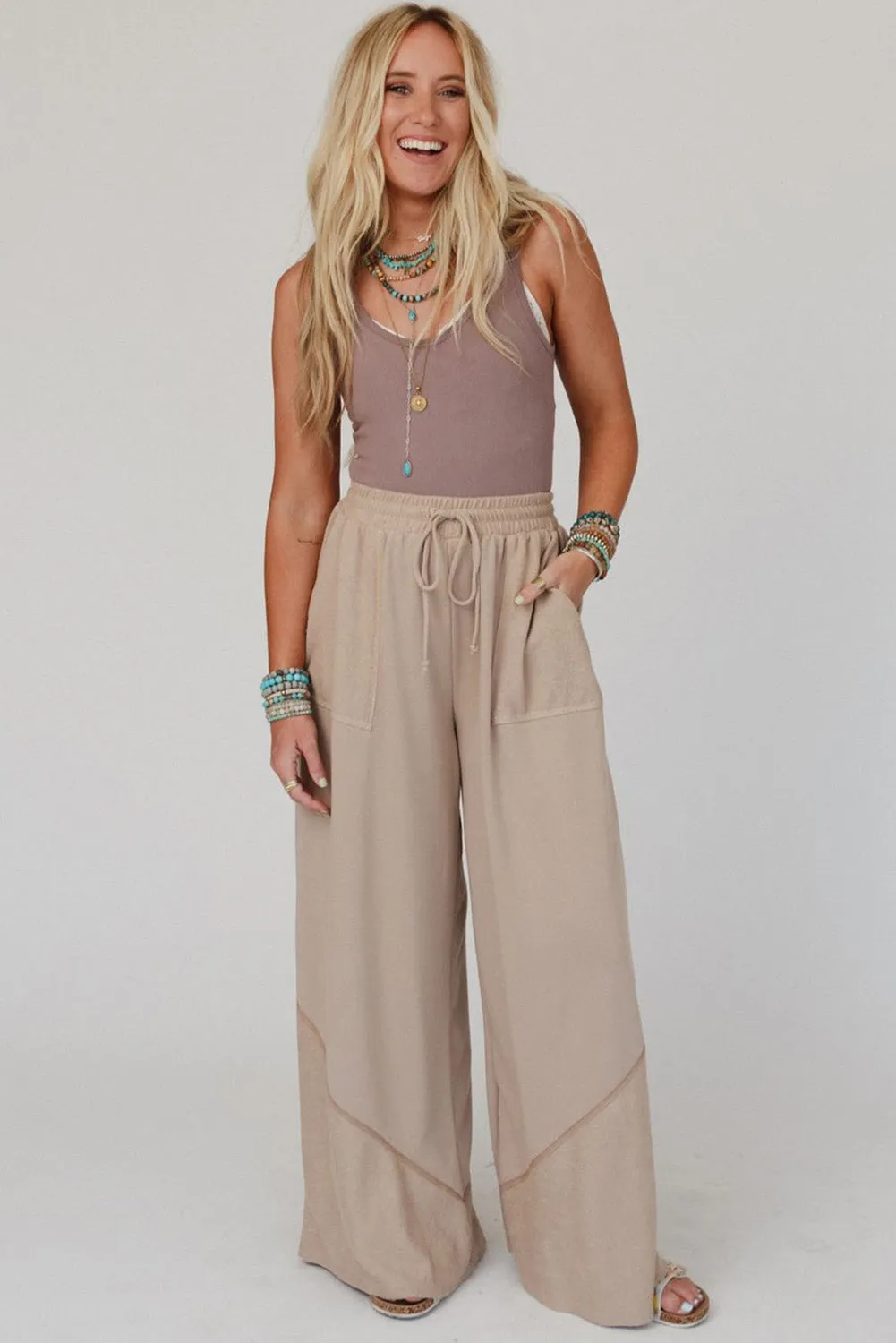 Parchment Solid Color Wide Leg Casual Pants with Pockets