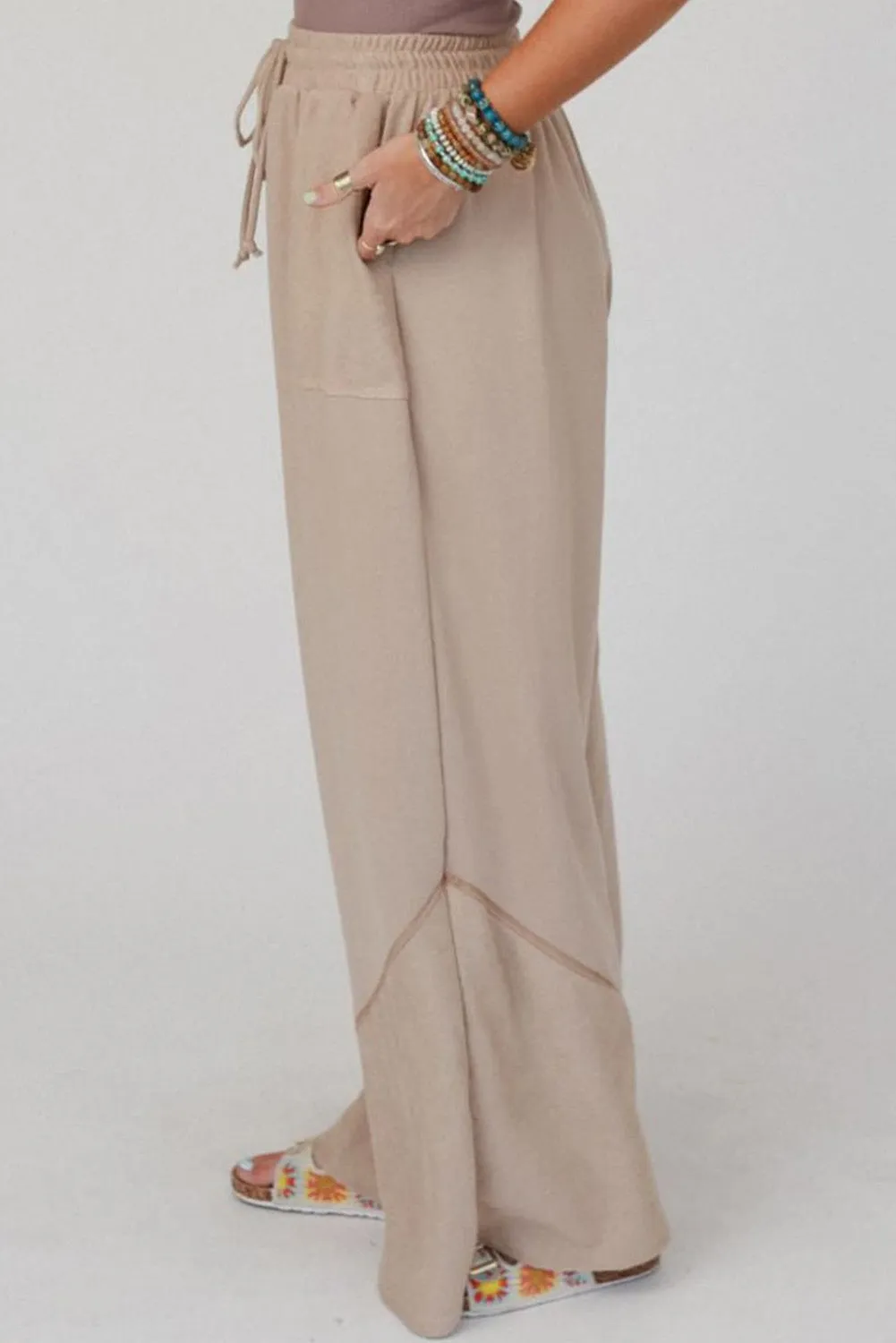 Parchment Solid Color Wide Leg Casual Pants with Pockets