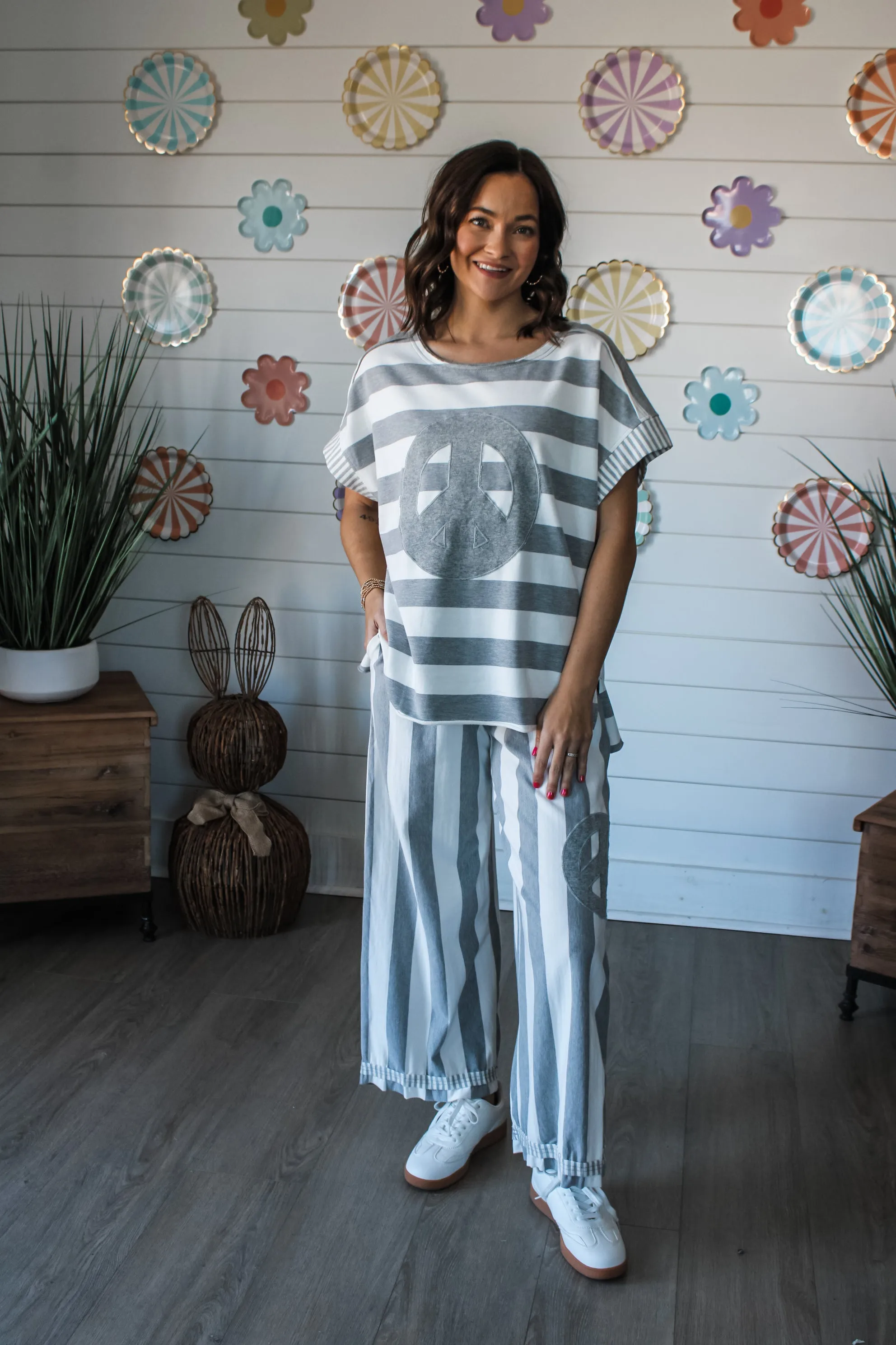 Peace Out Striped Top • White/Grey
