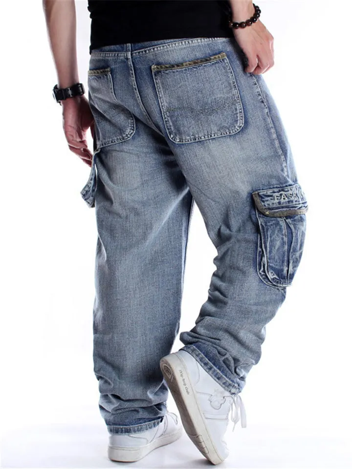 Personalized Trendy Multiple Pockets Washed Effect Straight-Leg Jeans For Men