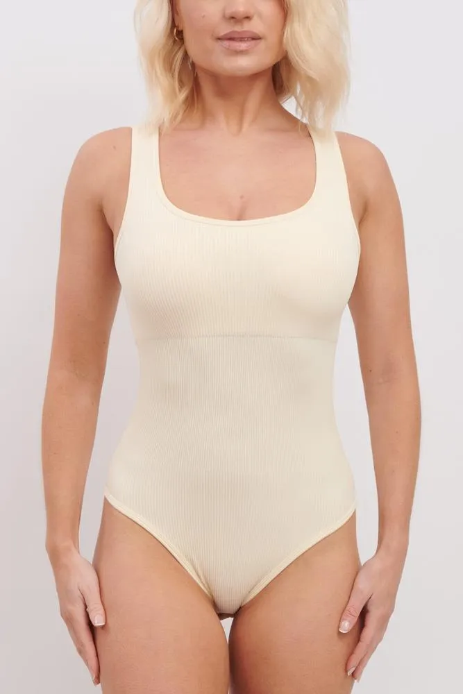 Plain Seamless Ribbed Nylon Bodysuit