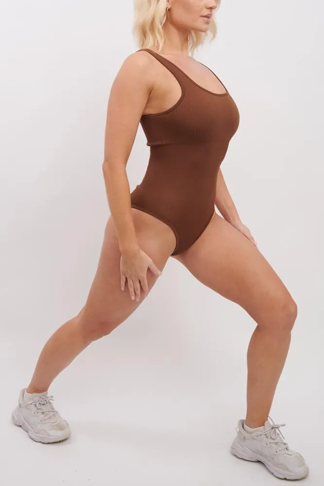 Plain Seamless Ribbed Nylon Bodysuit