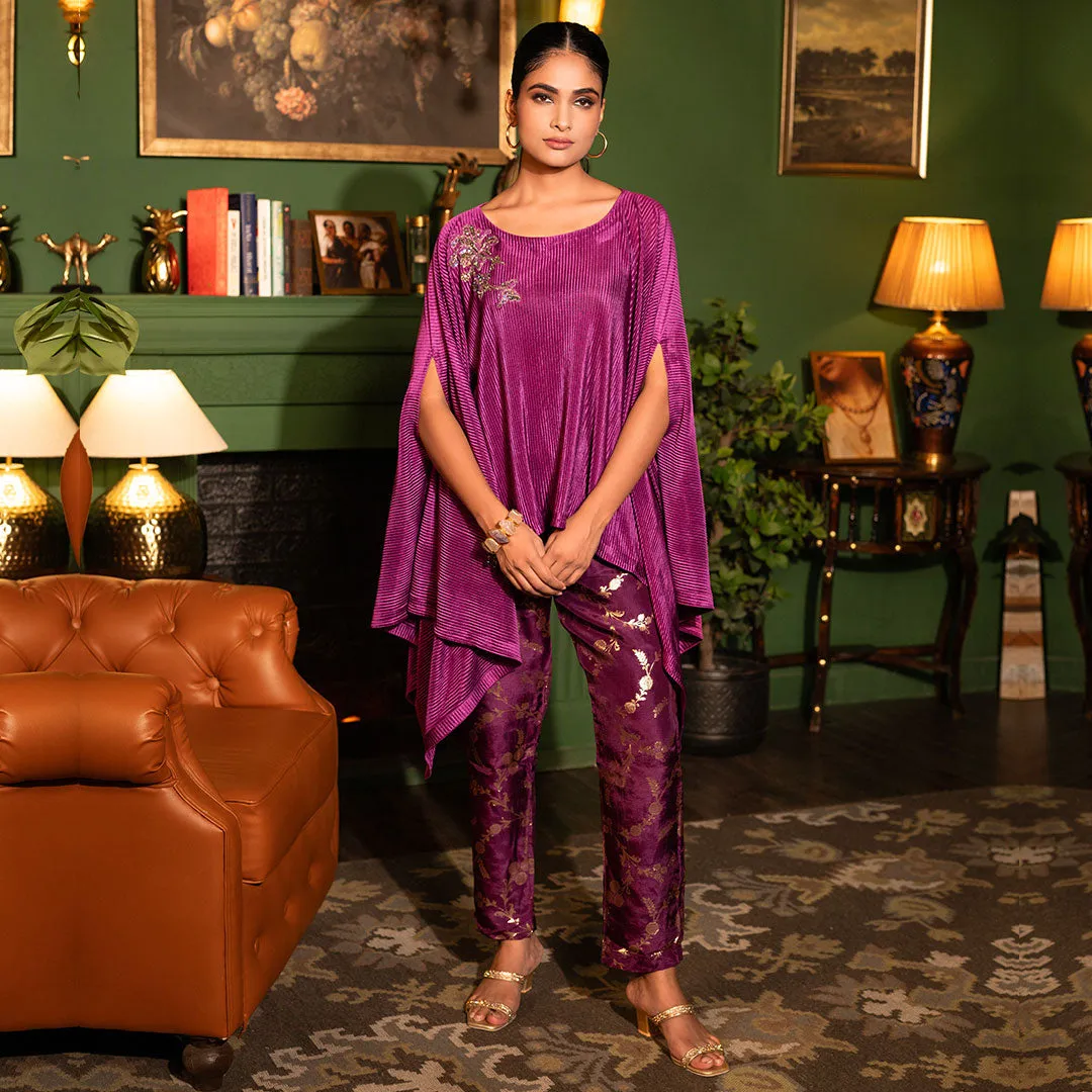 Plum Purple Asymmetrical Tunic With Flared Sleeves And Pants Set