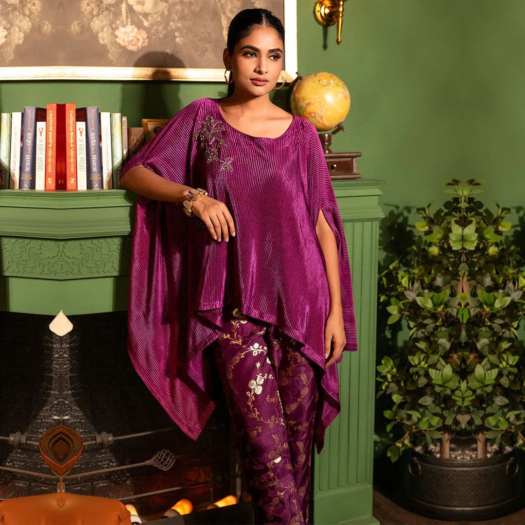 Plum Purple Asymmetrical Tunic With Flared Sleeves And Pants Set