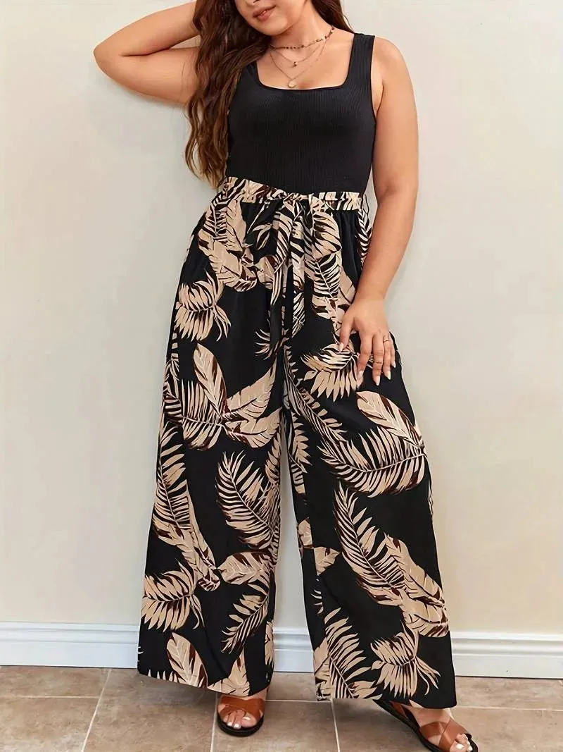 Plus Size Tropical Print Casual Belted Jumpsuit