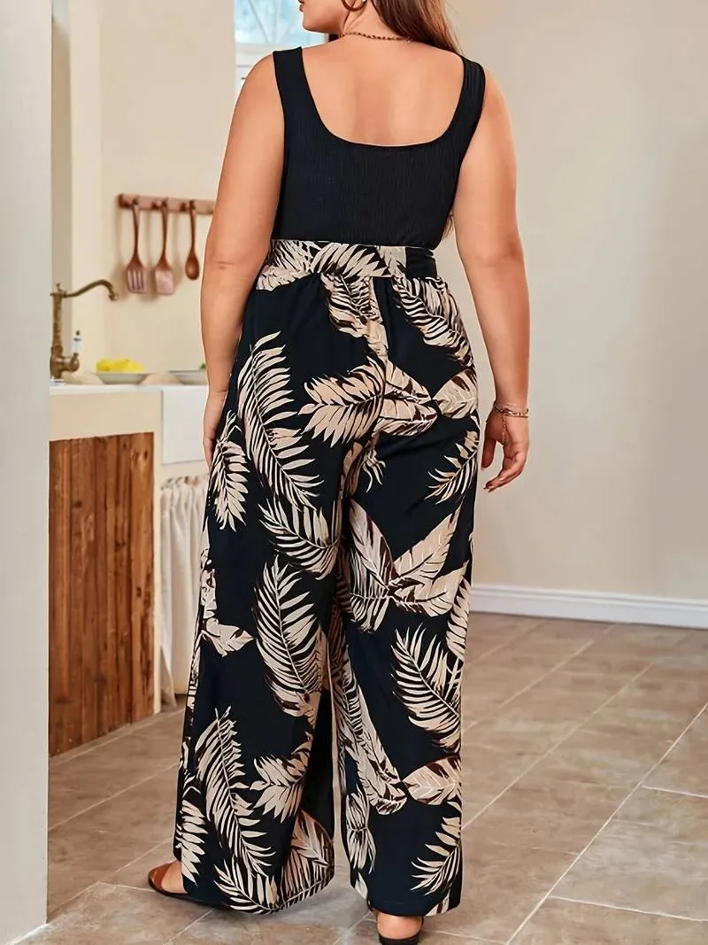 Plus Size Tropical Print Casual Belted Jumpsuit