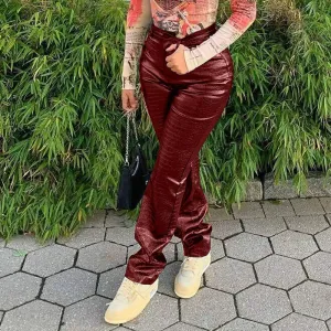 PU Drawstring High Waist Straight Pants