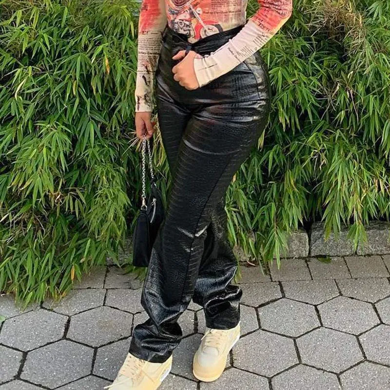 PU Drawstring High Waist Straight Pants
