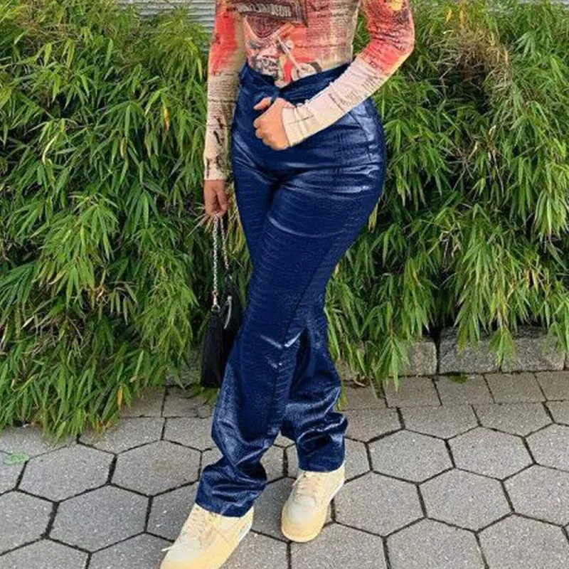 PU Drawstring High Waist Straight Pants