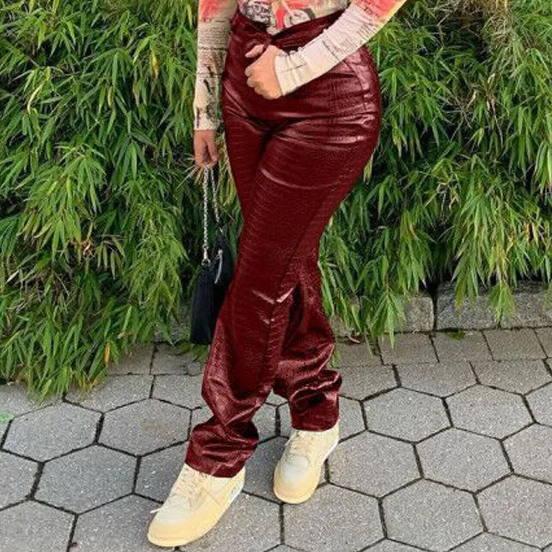 PU Drawstring High Waist Straight Pants