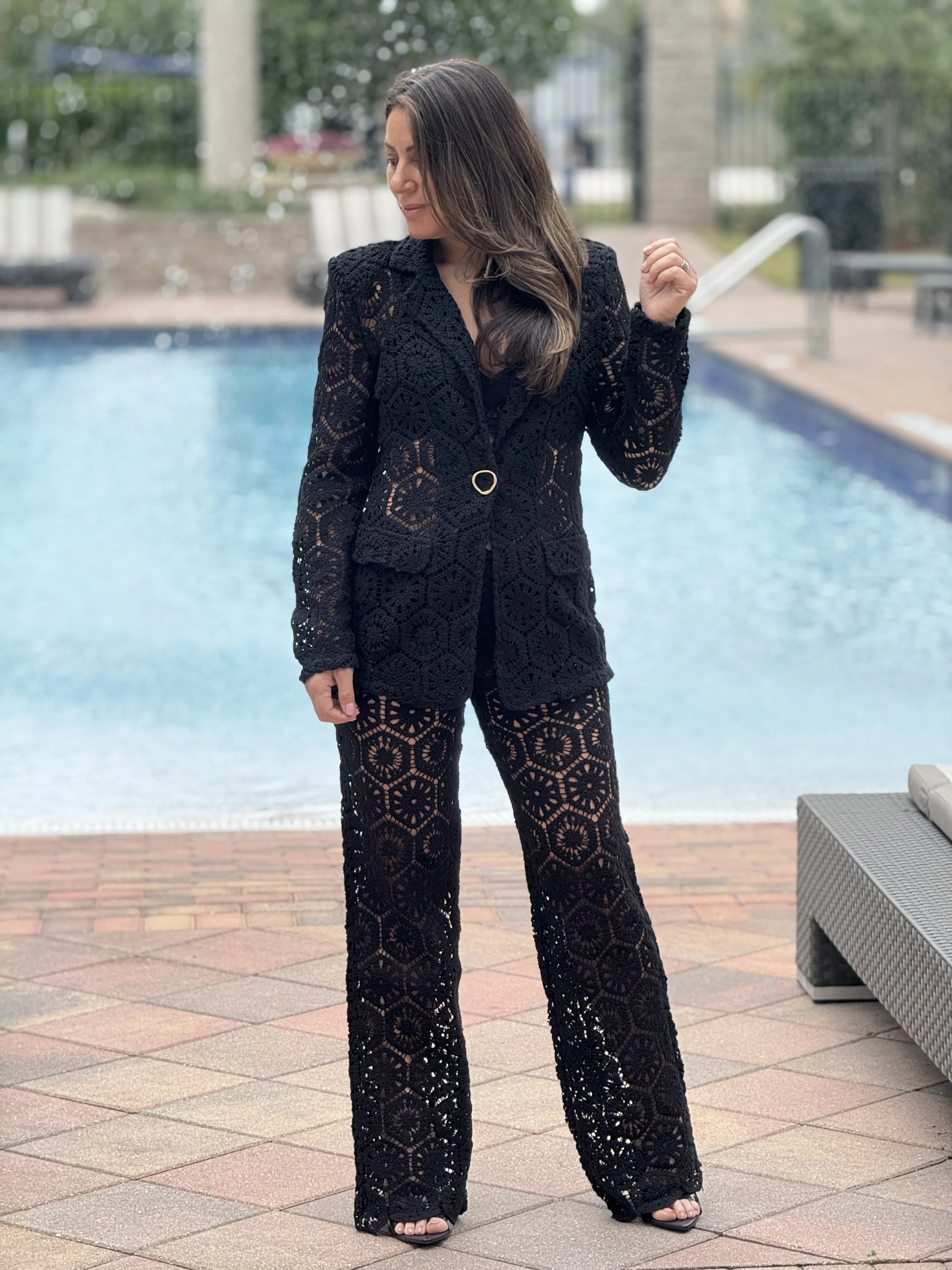 "Bianka" Stunning Crochet Blazer And Matching High Waisted Pants