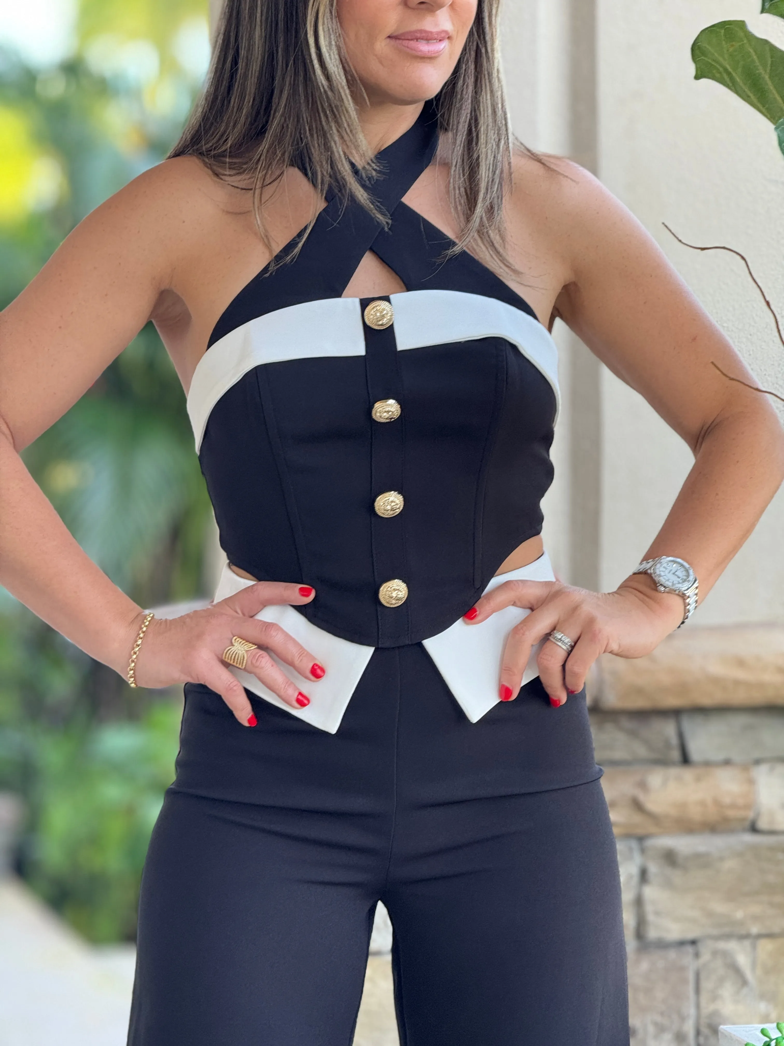 "Pia" Halter Crop Top And Doble Waistband Pants Set