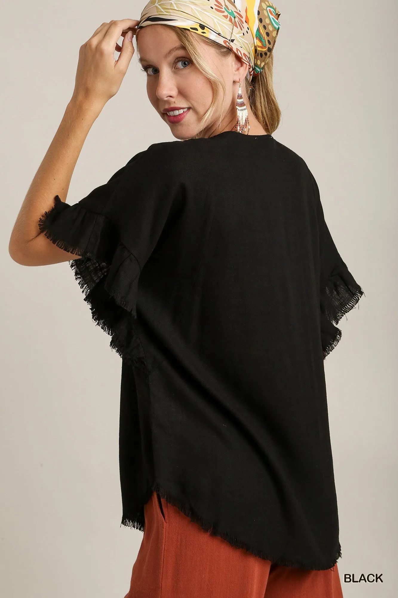 Rebecca Linen Blend Short Ruffle Sleeve In Black