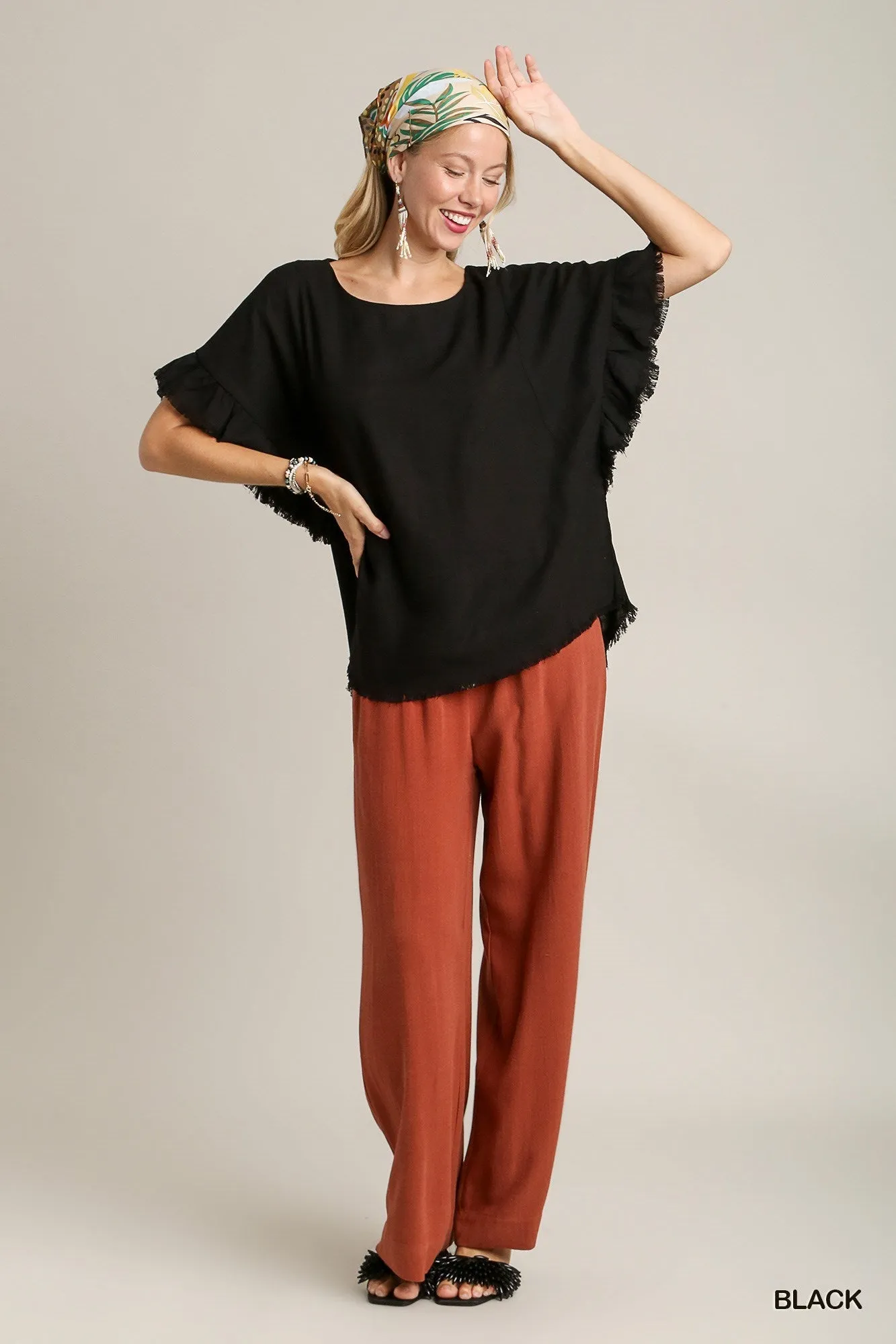 Rebecca Linen Blend Short Ruffle Sleeve In Black