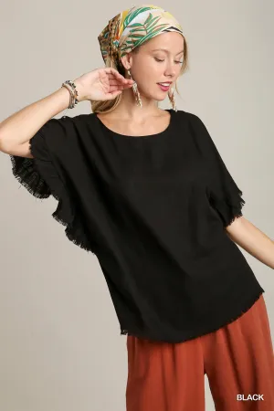 Rebecca Linen Blend Short Ruffle Sleeve In Black