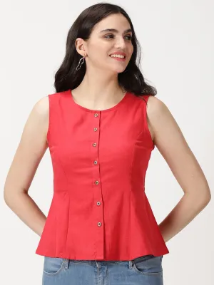 Red Cotton Linen Button-Down A-Line Top
