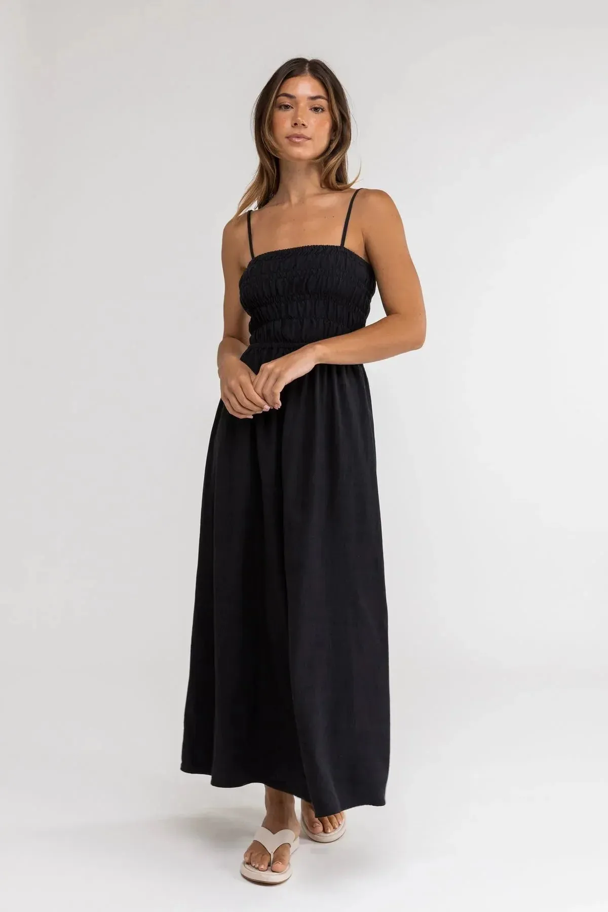 RHYTHM CLASSIC SHIRRED MIDI DRESS - BLACK