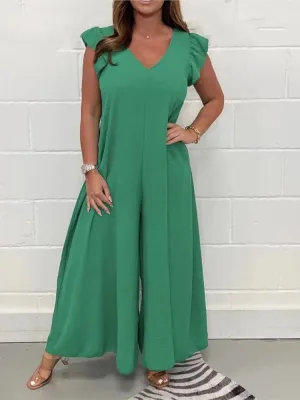 Ruffled Wide-leg Trousers Solid Casual Jumpsuit