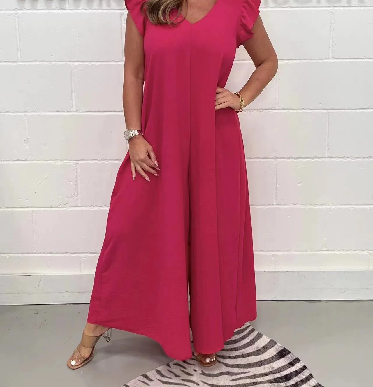 Ruffled Wide-leg Trousers Solid Casual Jumpsuit