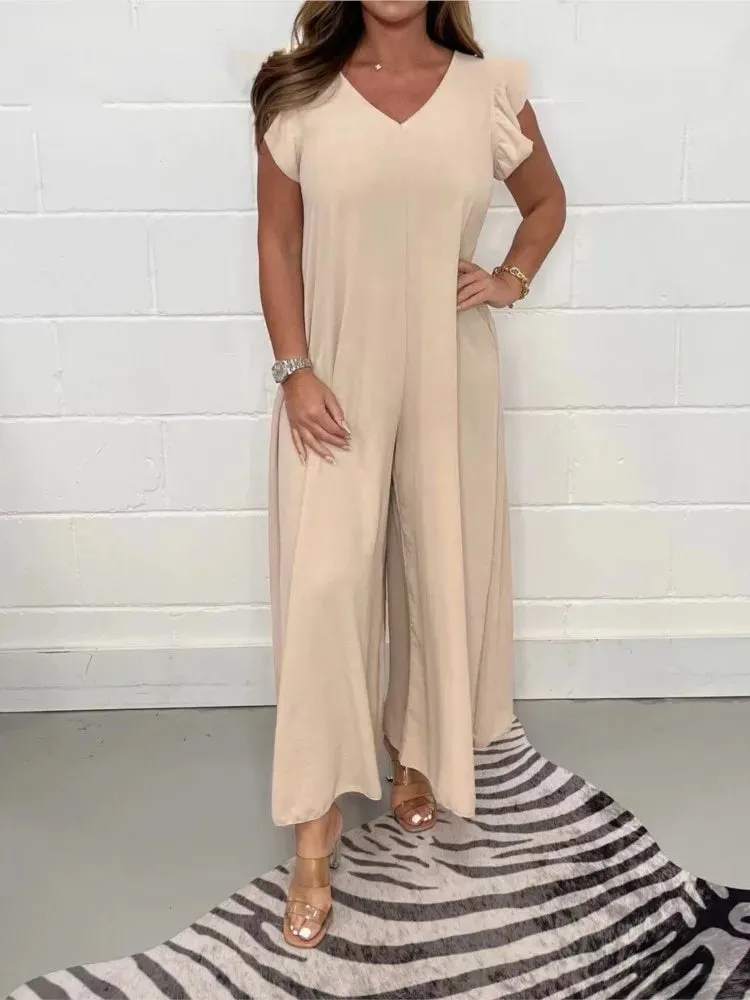 Ruffled Wide-leg Trousers Solid Casual Jumpsuit