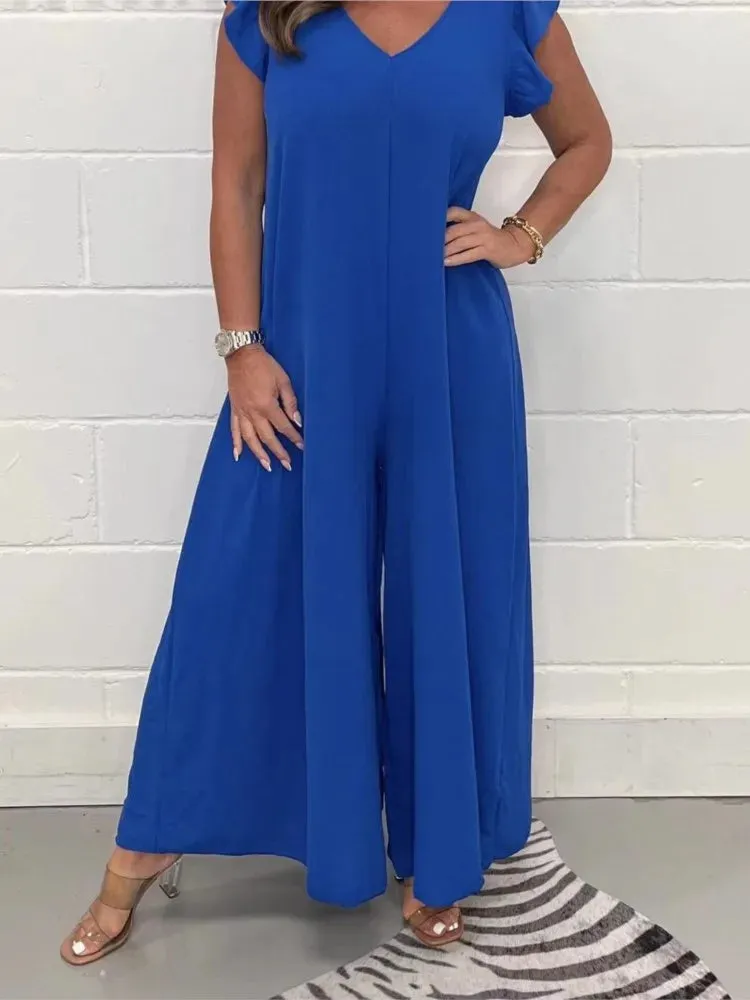 Ruffled Wide-leg Trousers Solid Casual Jumpsuit