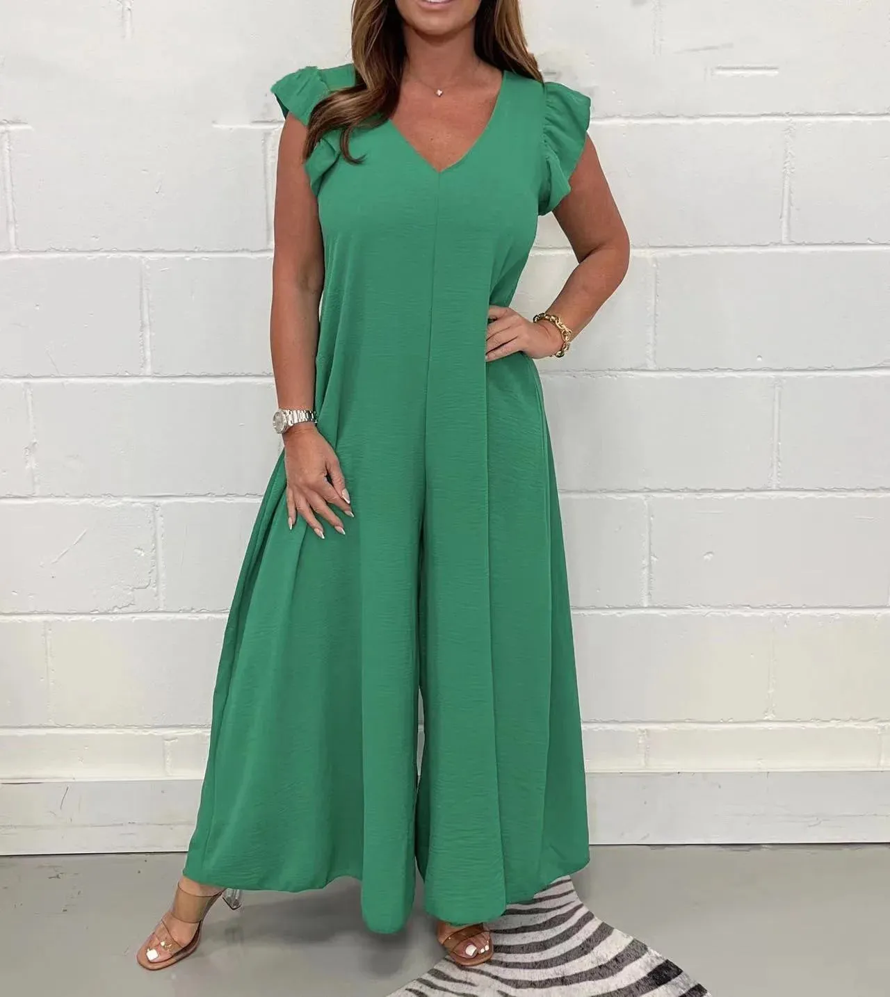 Ruffled Wide-leg Trousers Solid Casual Jumpsuit
