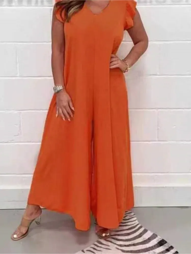 Ruffled Wide-leg Trousers Solid Casual Jumpsuit