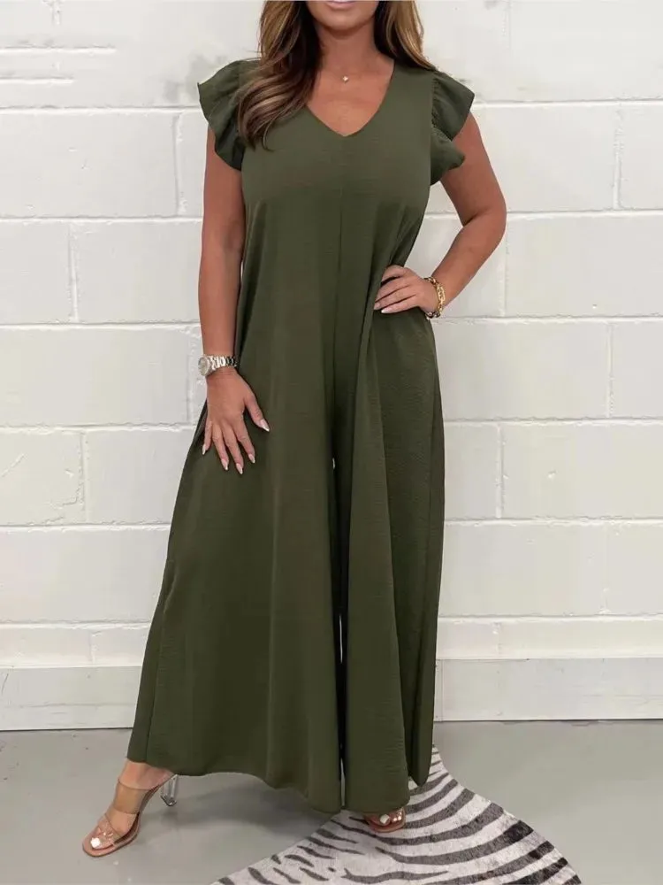 Ruffled Wide-leg Trousers Solid Casual Jumpsuit