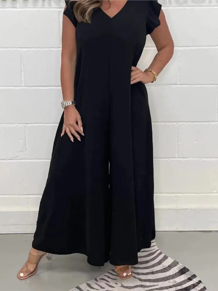 Ruffled Wide-leg Trousers Solid Casual Jumpsuit