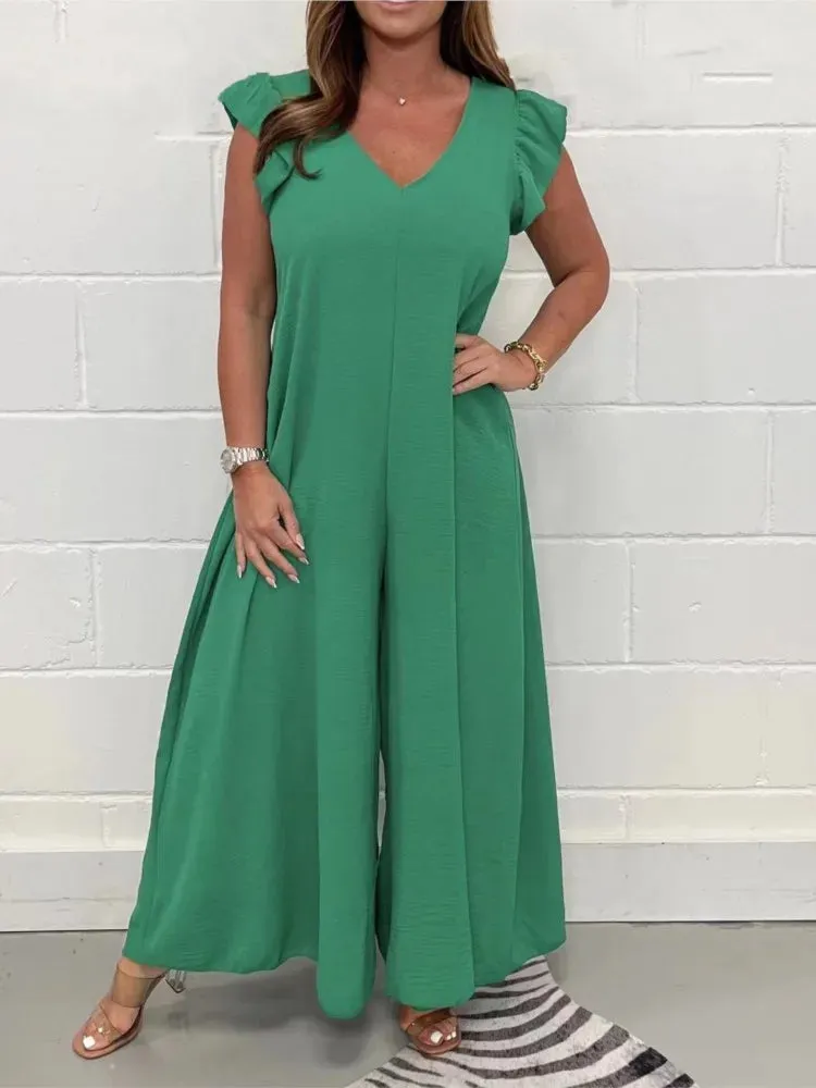 Ruffled Wide-leg Trousers Solid Casual Jumpsuit
