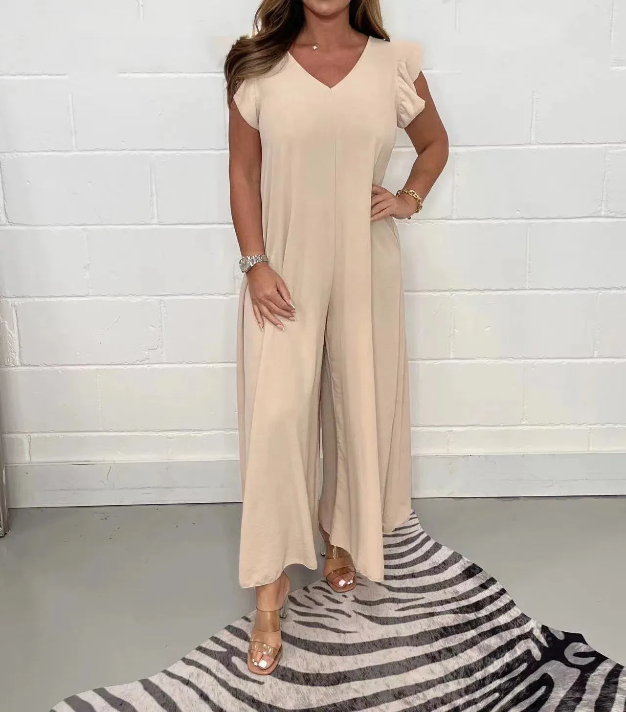 Ruffled Wide-leg Trousers Solid Casual Jumpsuit