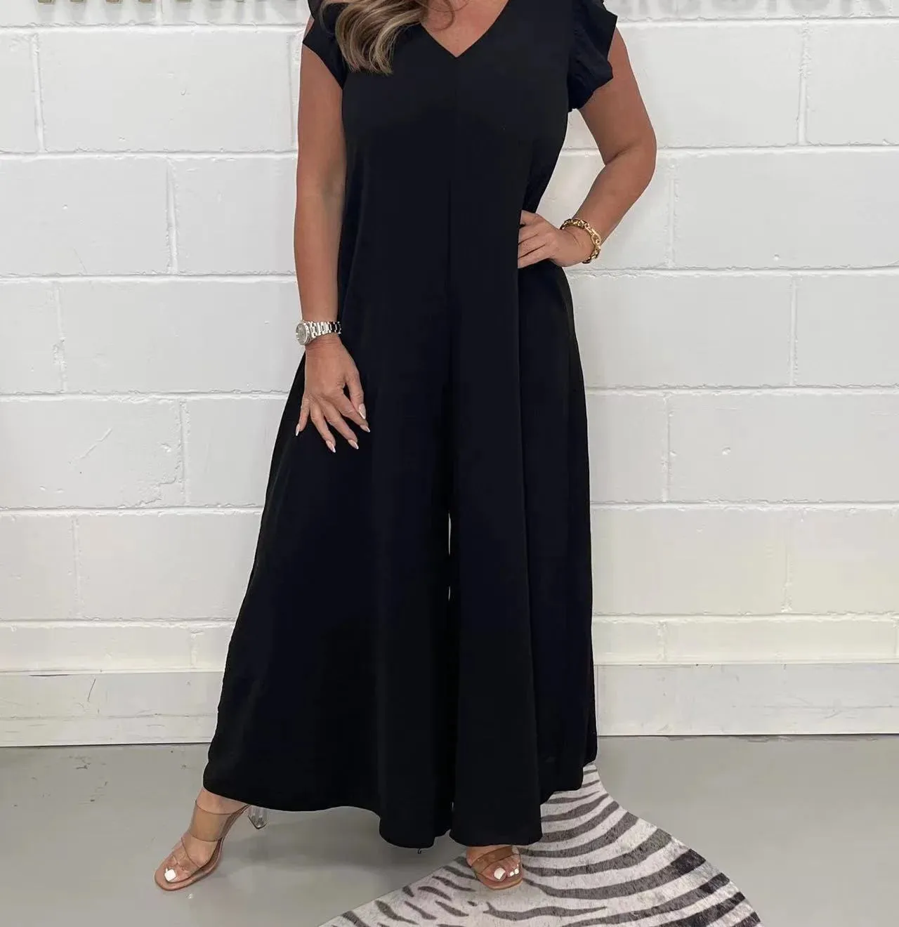 Ruffled Wide-leg Trousers Solid Casual Jumpsuit
