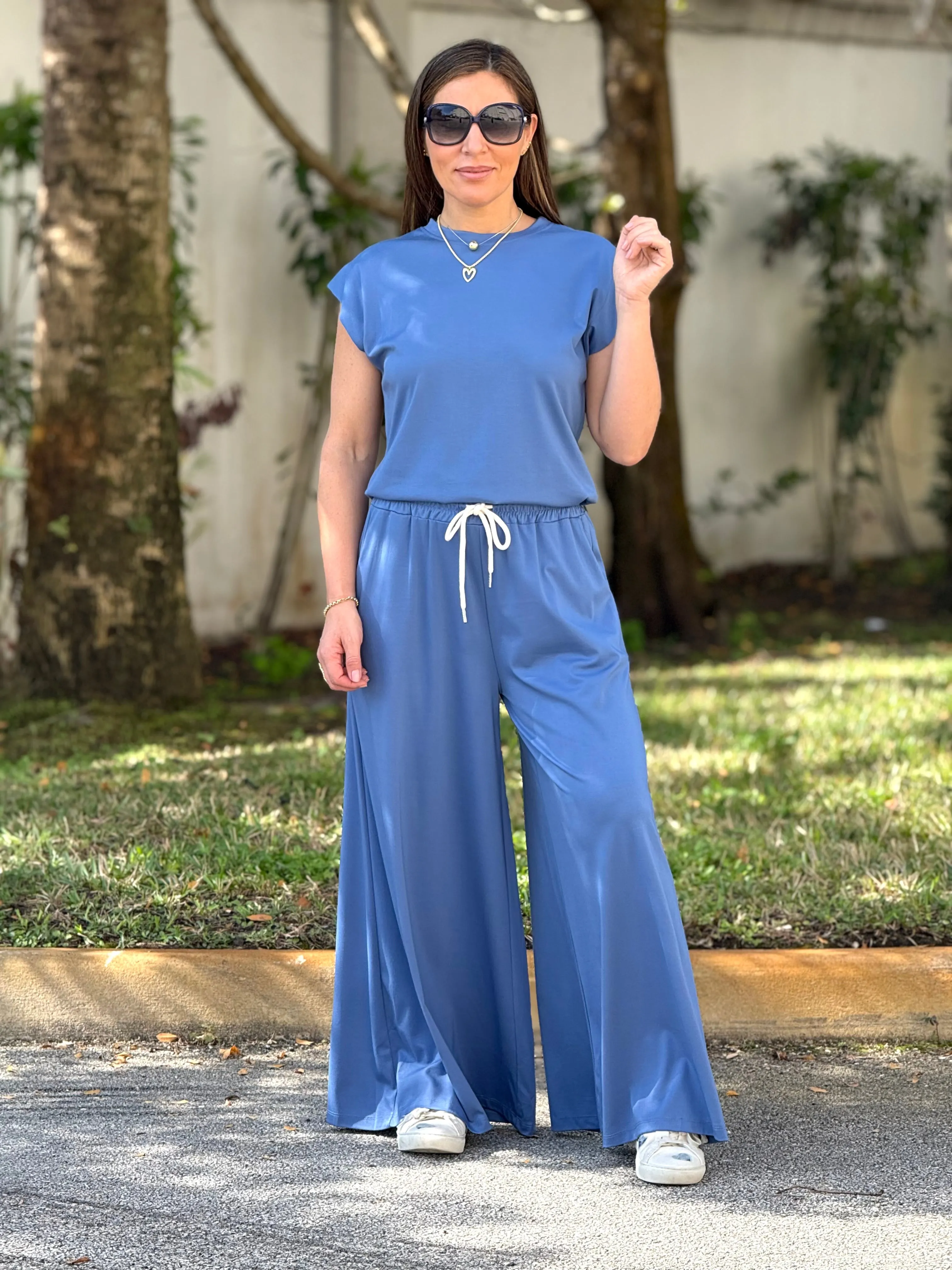 “Shani" Wide Leg High Waisted Pants And Top Shirt Set
