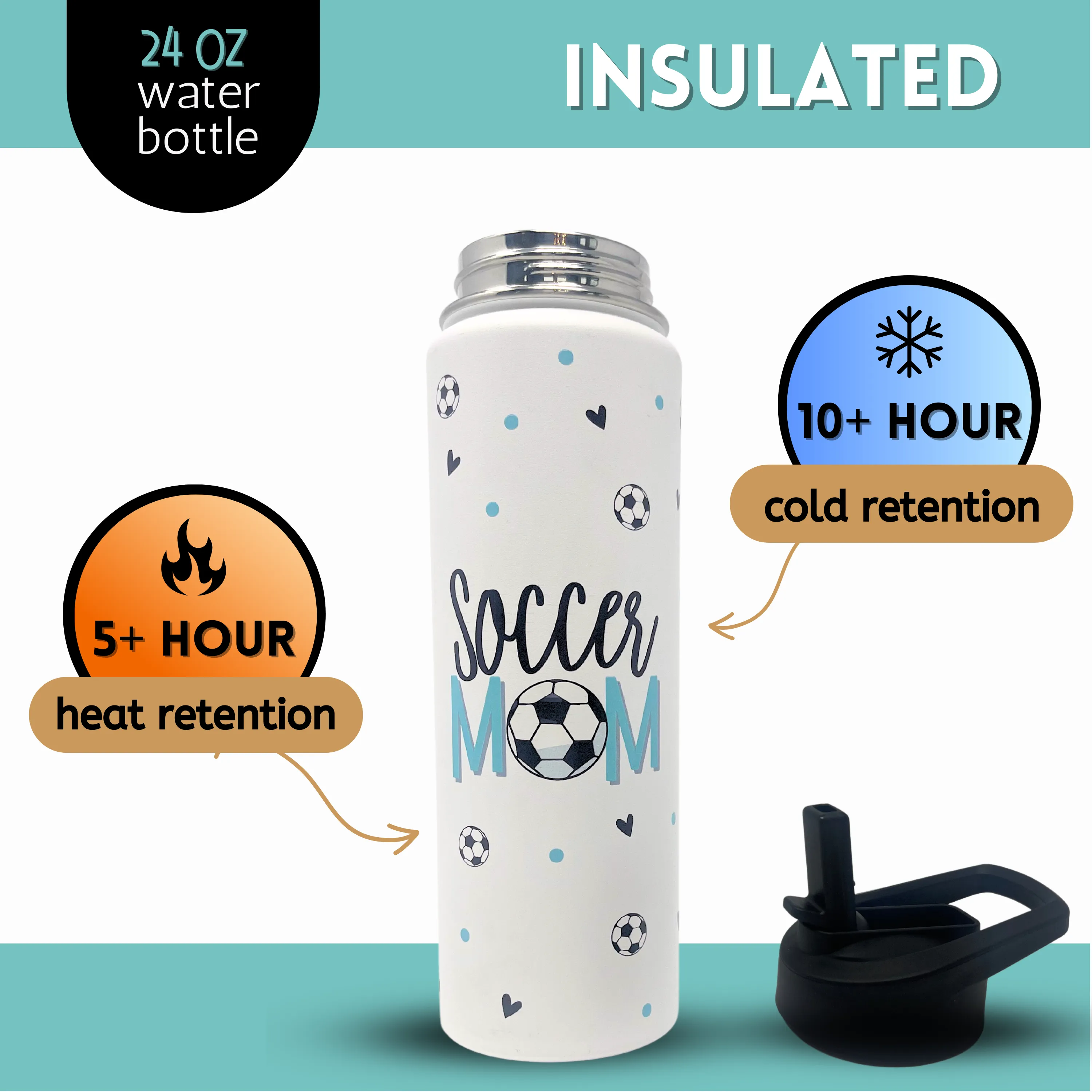 Soccer Mom Water Bottle- Large Insulated Water Bottle with Straw - Stainless Steel Metal 24 oz Travel Cup for Mom, Mama, Mother, Wife, Women | Keeps Hot and Cold for Hours