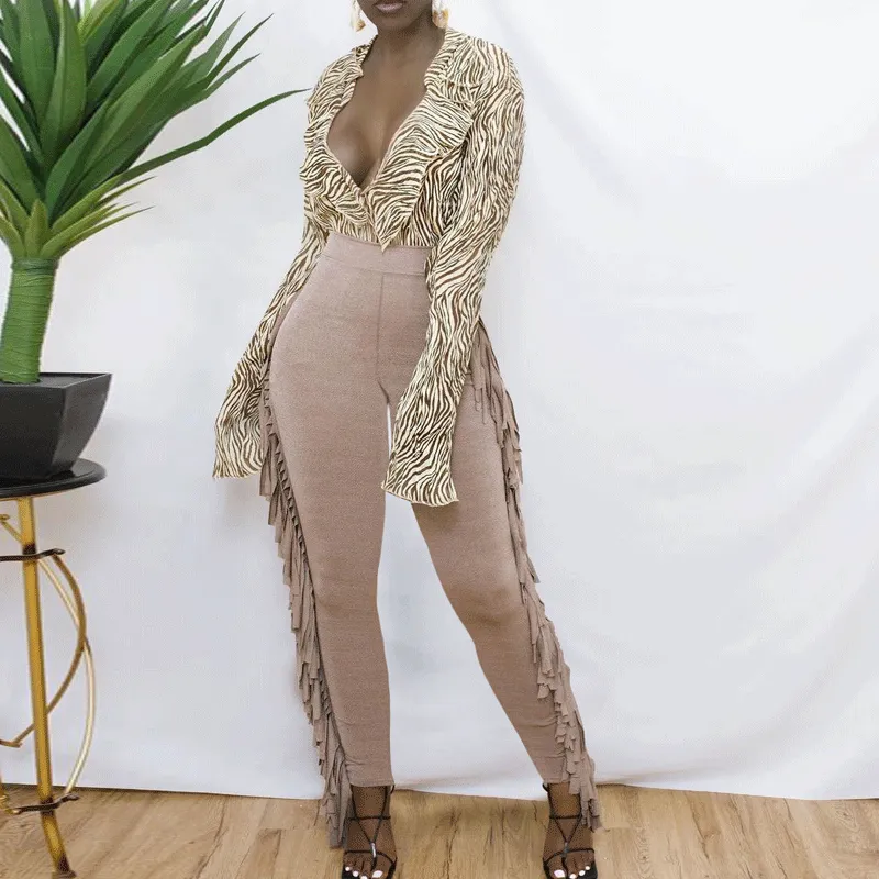 Solid High Waist Tassel Design Skinny Pants