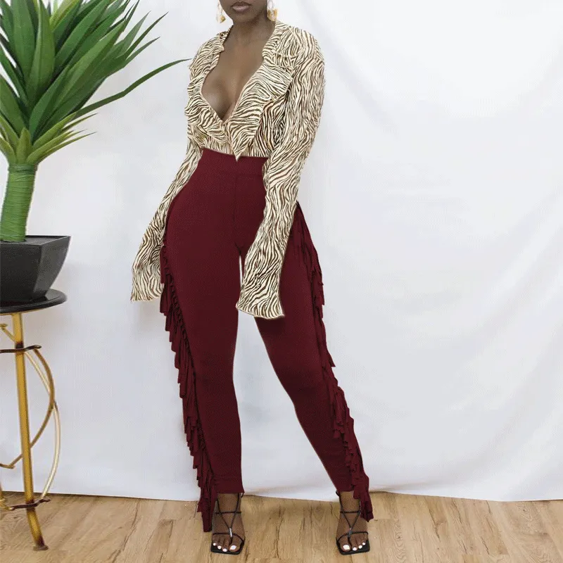 Solid High Waist Tassel Design Skinny Pants
