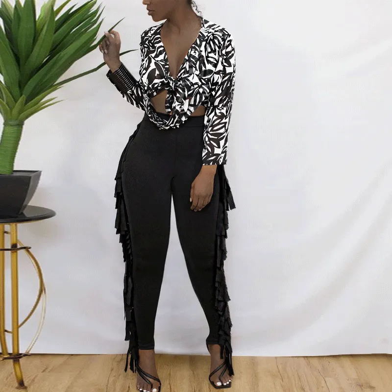 Solid High Waist Tassel Design Skinny Pants