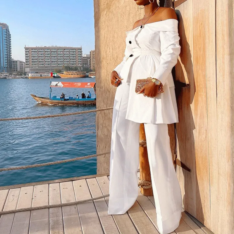 Solid Off Shoulder Irregular Blazer Top & Pants Set