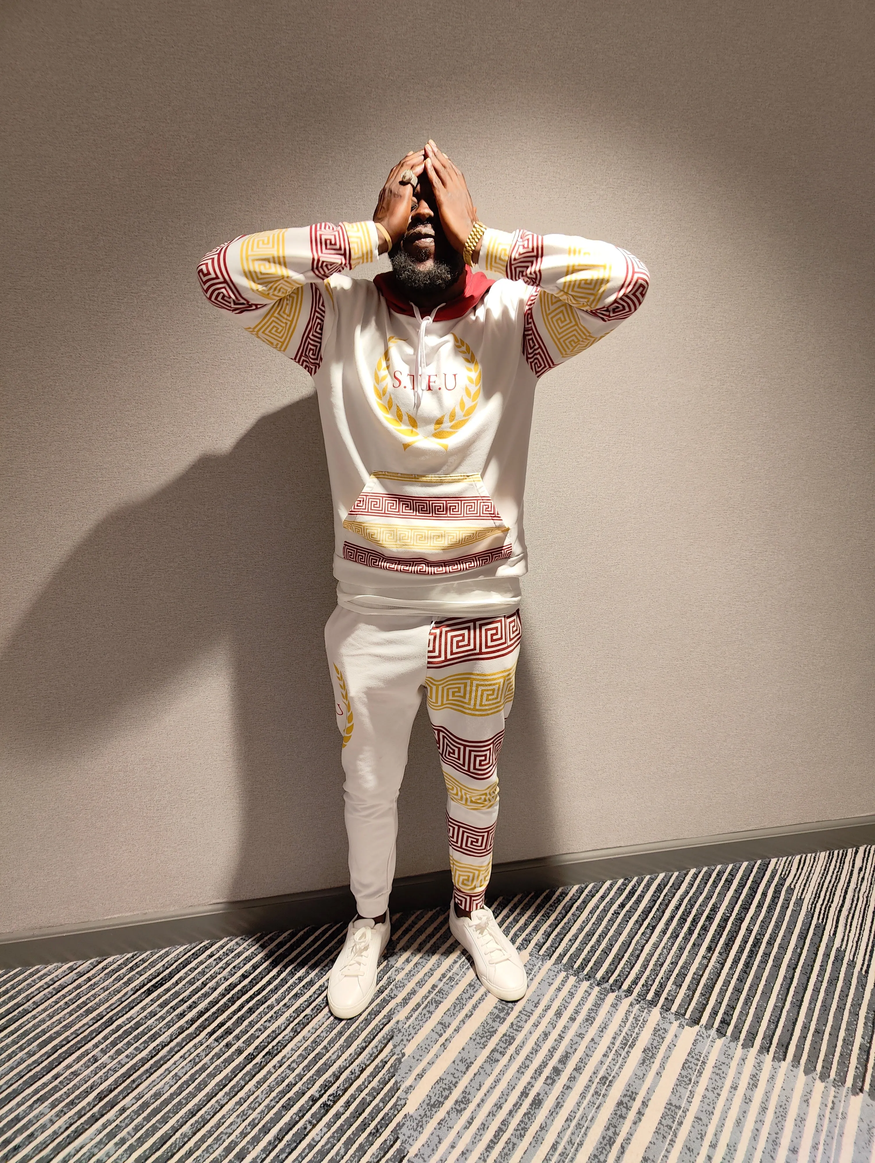 STFU Greek Joggers - Burgundy & Gold on White