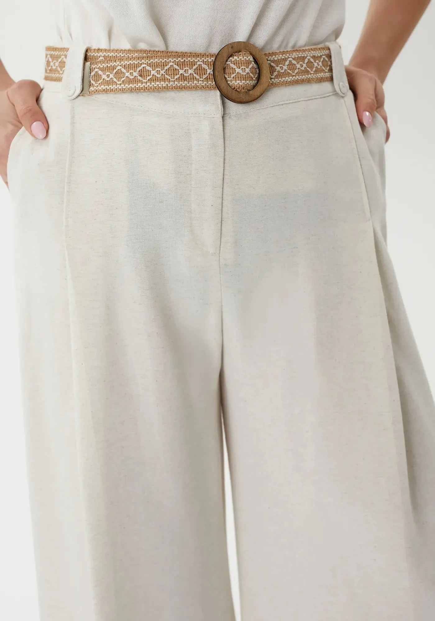 Stone High Waisted Front Two Pleated Linen and Cotton Wide Leg Pants