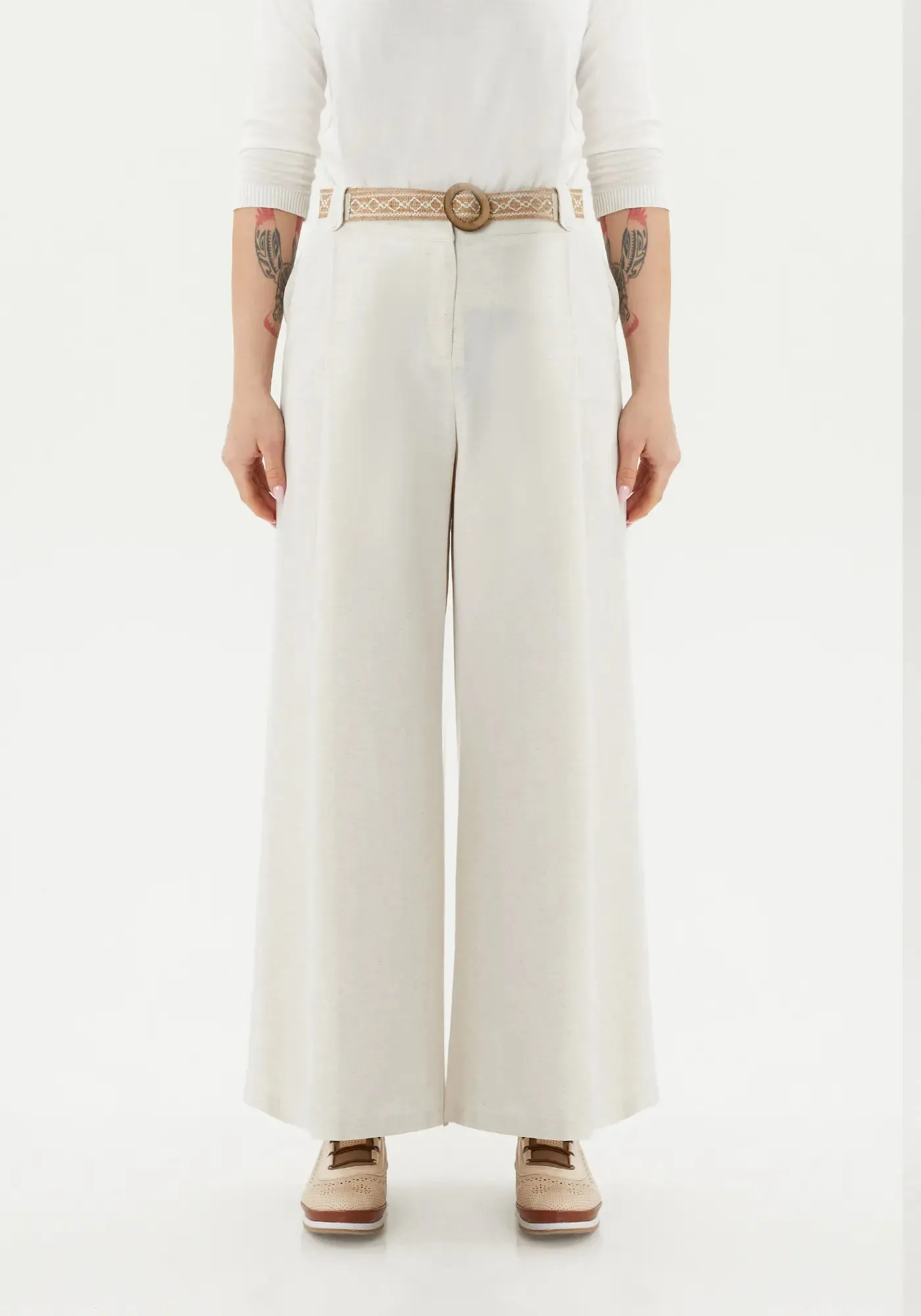 Stone High Waisted Front Two Pleated Linen and Cotton Wide Leg Pants