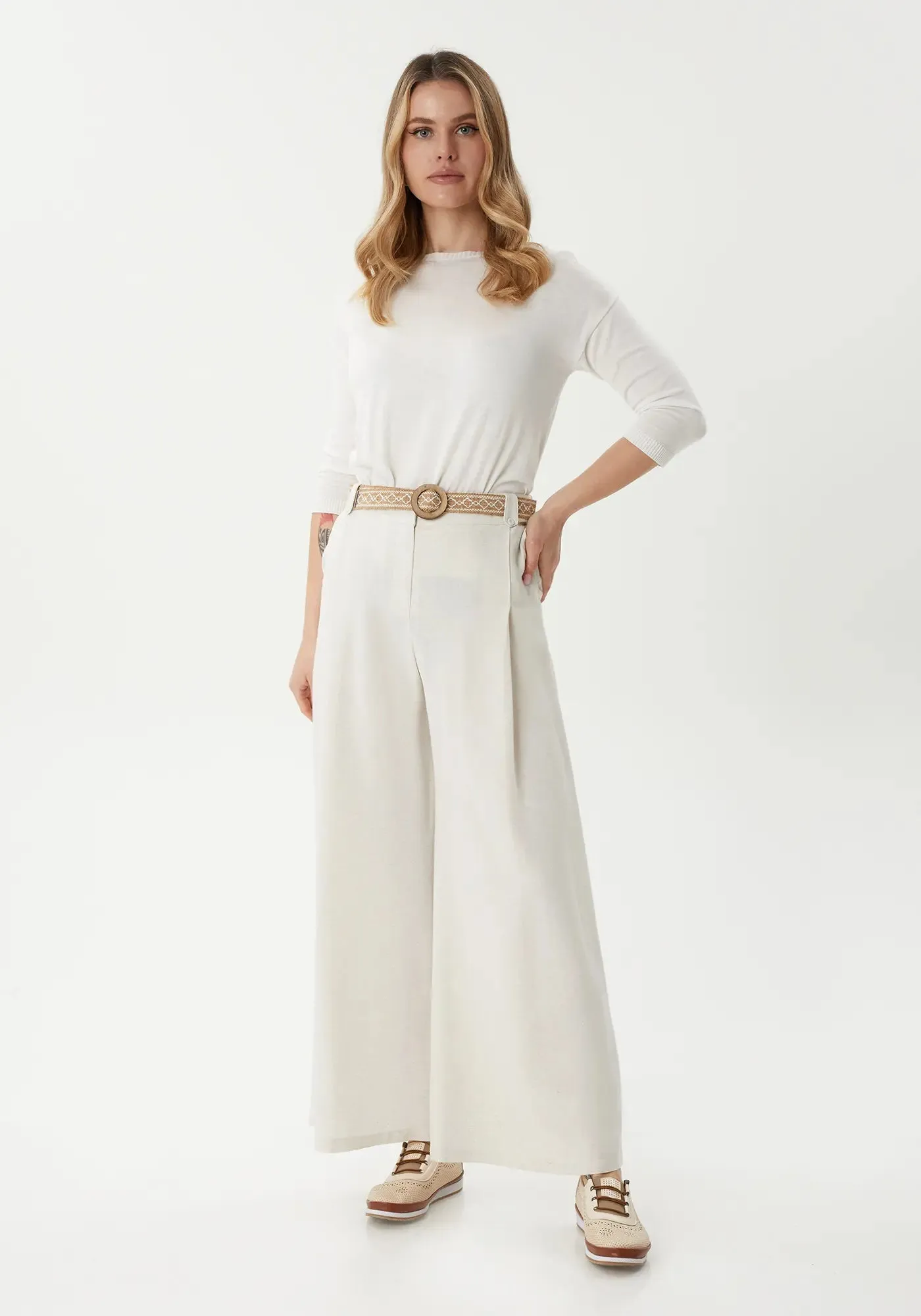 Stone High Waisted Front Two Pleated Linen and Cotton Wide Leg Pants