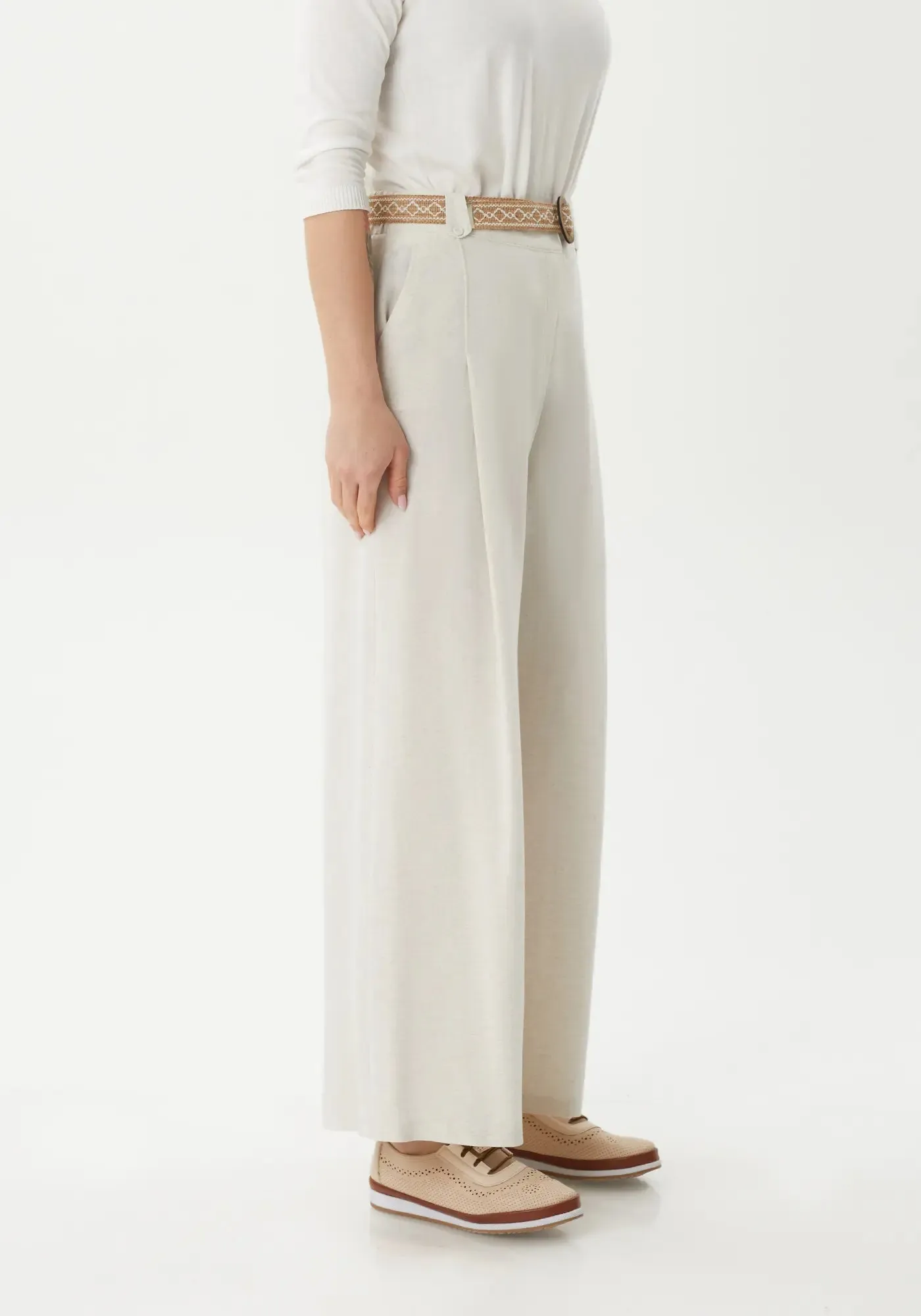 Stone High Waisted Front Two Pleated Linen and Cotton Wide Leg Pants