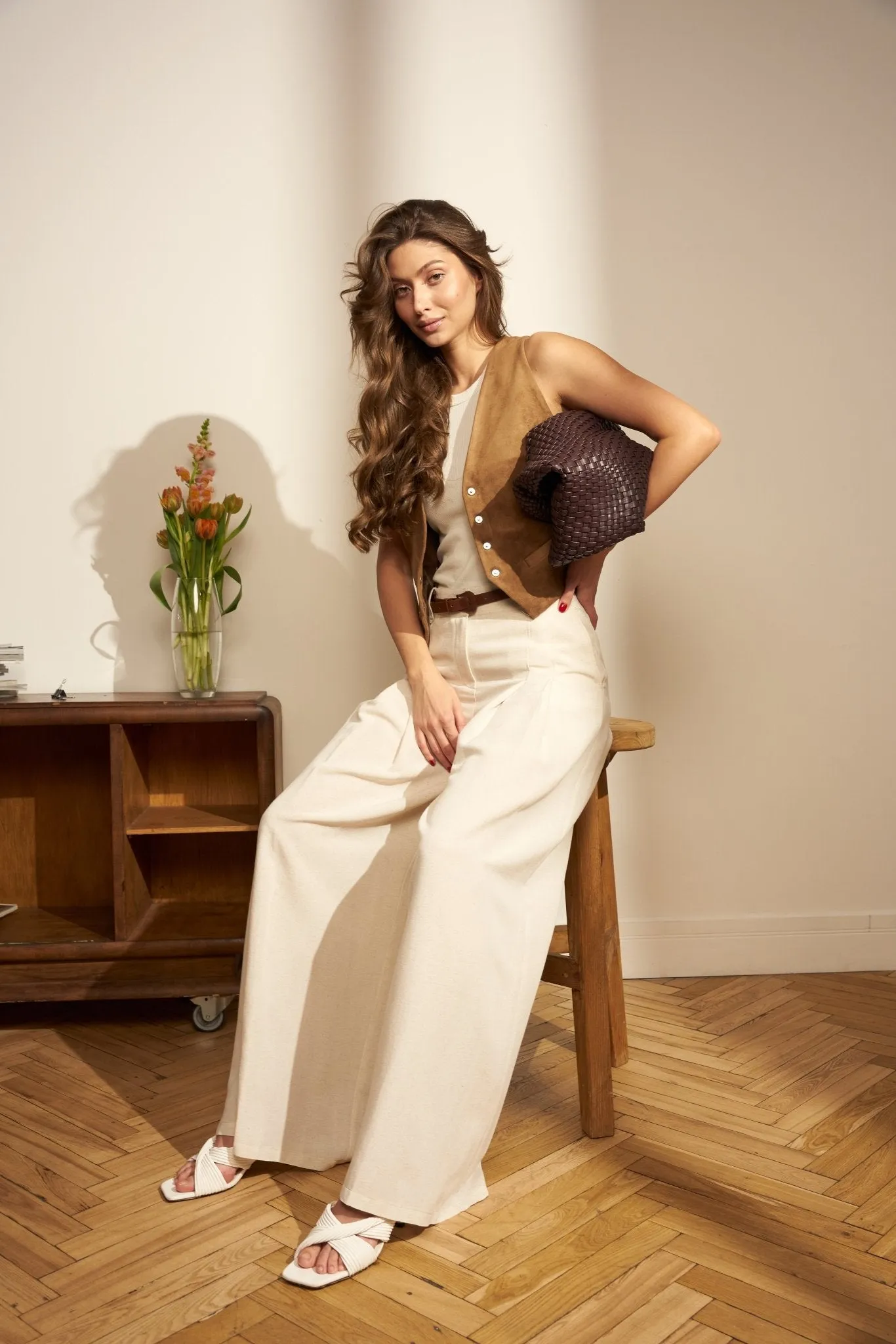 Stone High Waisted Front Two Pleated Linen and Cotton Wide Leg Pants