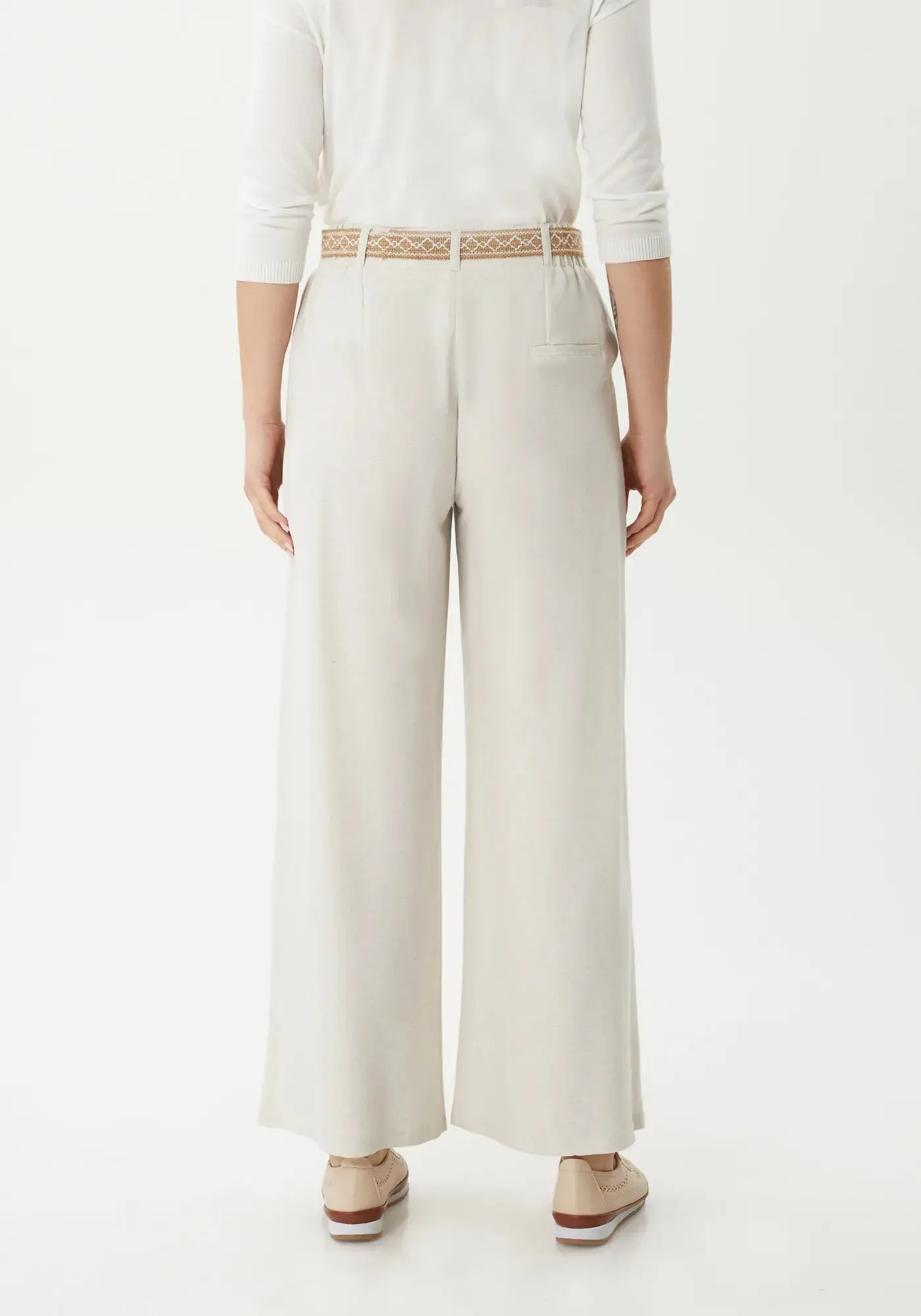 Stone High Waisted Front Two Pleated Linen and Cotton Wide Leg Pants
