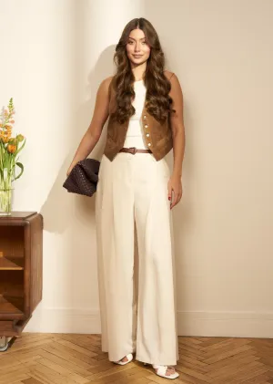 Stone High Waisted Front Two Pleated Linen and Cotton Wide Leg Pants
