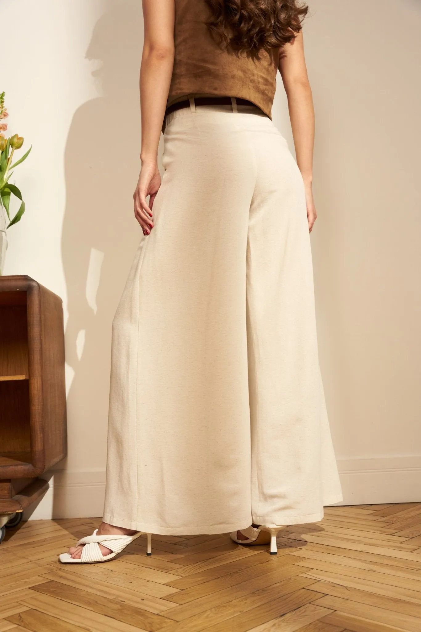 Stone High Waisted Front Two Pleated Linen and Cotton Wide Leg Pants