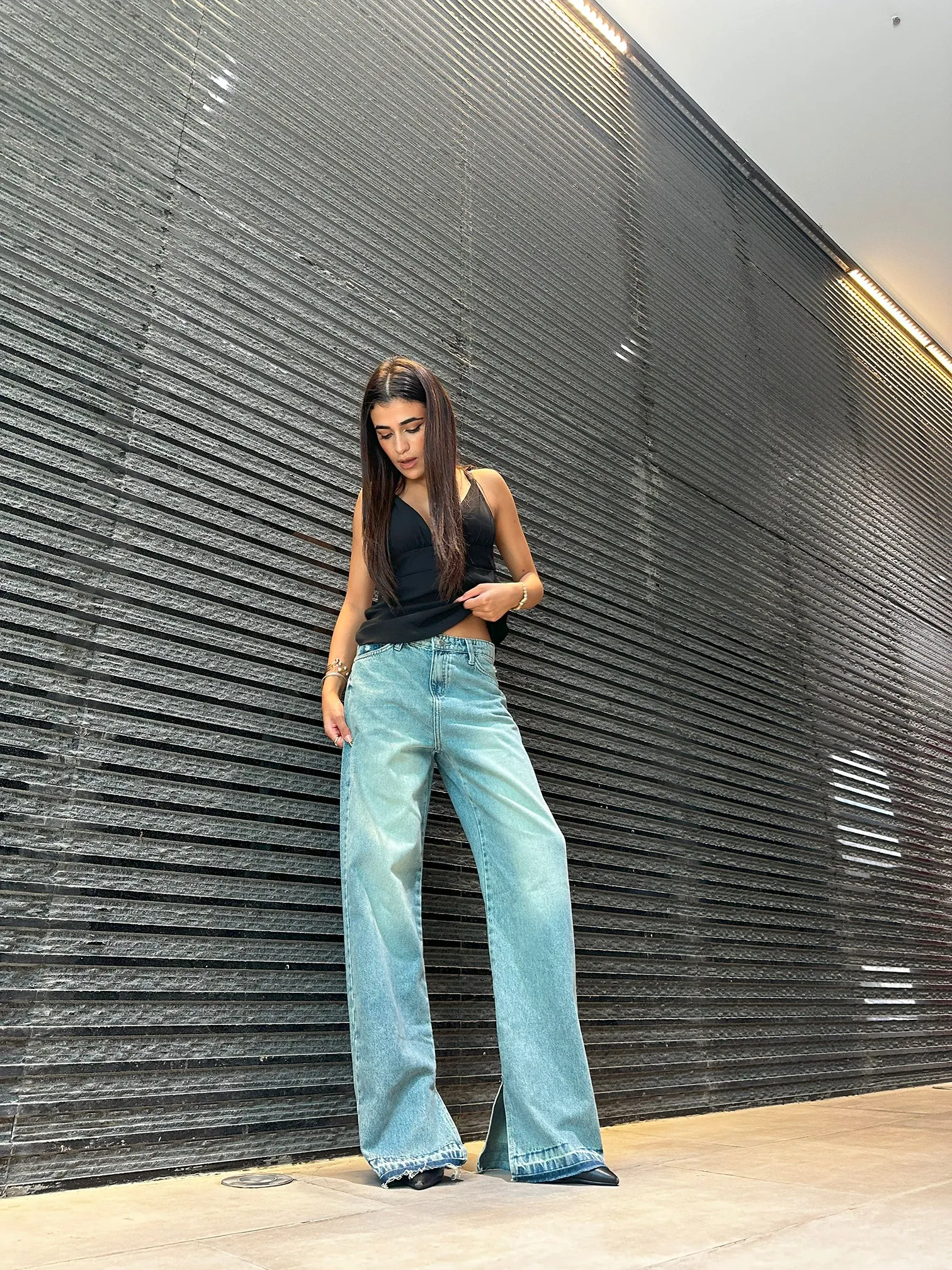 Straight Leg - Light Vintage Blue Split Hem Jeans.