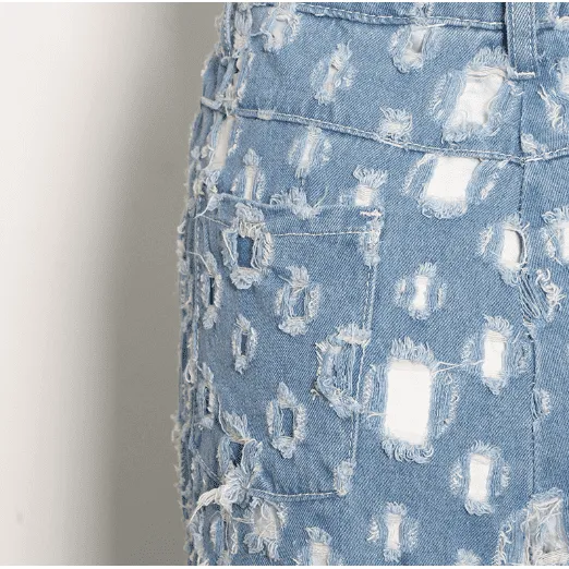 Street trendy ripped hole raw edge jeans