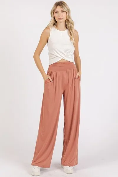 Stretch Banded Waist Wide Leg Pants with Pockets
